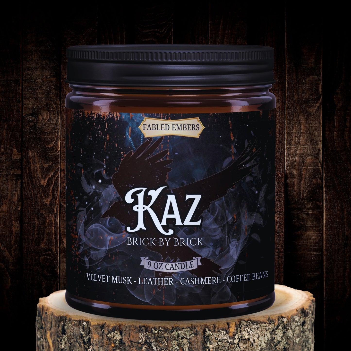 9 ounce coconut soy wax candle in an Amber glass jar. Book lovers. Kaz smells like leather and velvet musk and cashmere