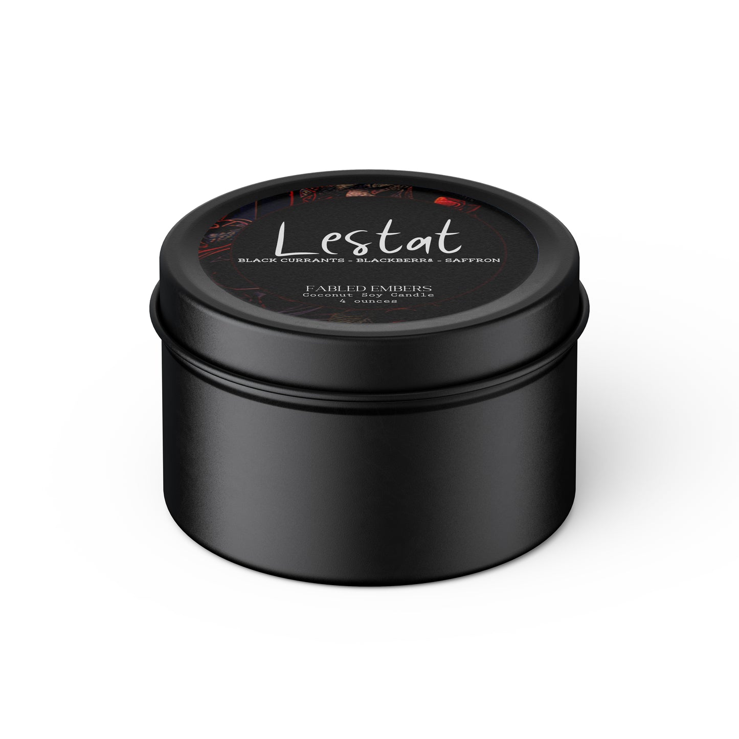 Lestat Candle smells like Blackberry Wine Thyme and Saffron Vampire Candle 4 ounces coconut soy black metal tin