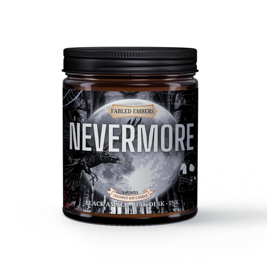 Candle jar labeled 'Nevermore' with a dark design on a white background