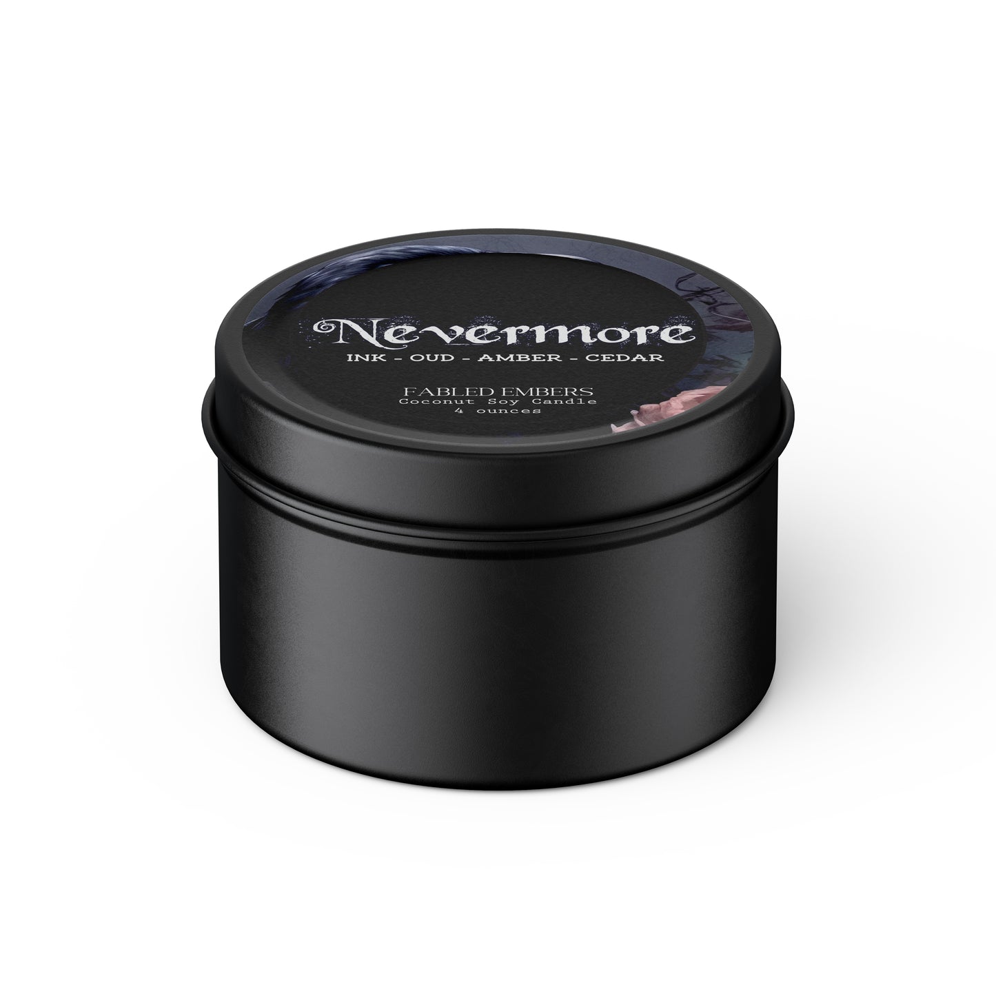 NEVERMORE - Poe Candle 4 ounces black tin coconut soy smells like ink and cedar and amber