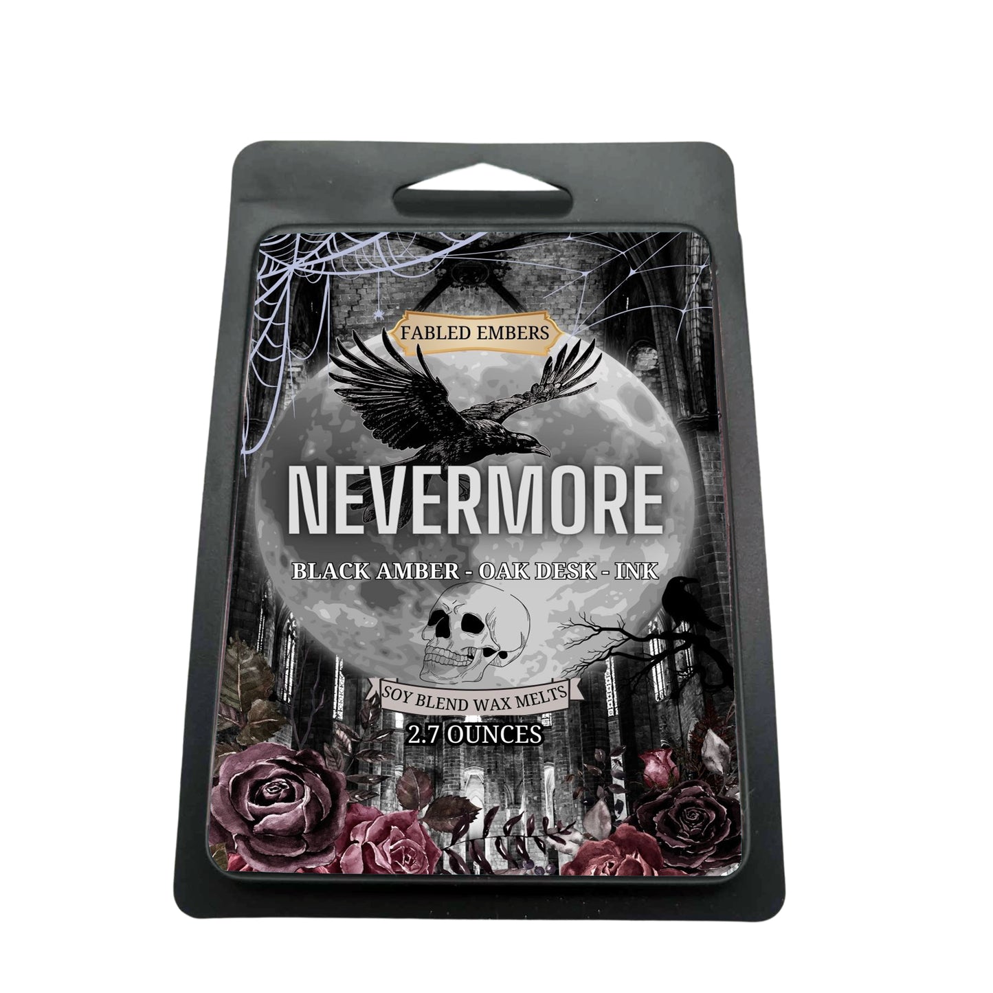 Packaged wax melts with 'Nevermore' branding and gothic design elements.