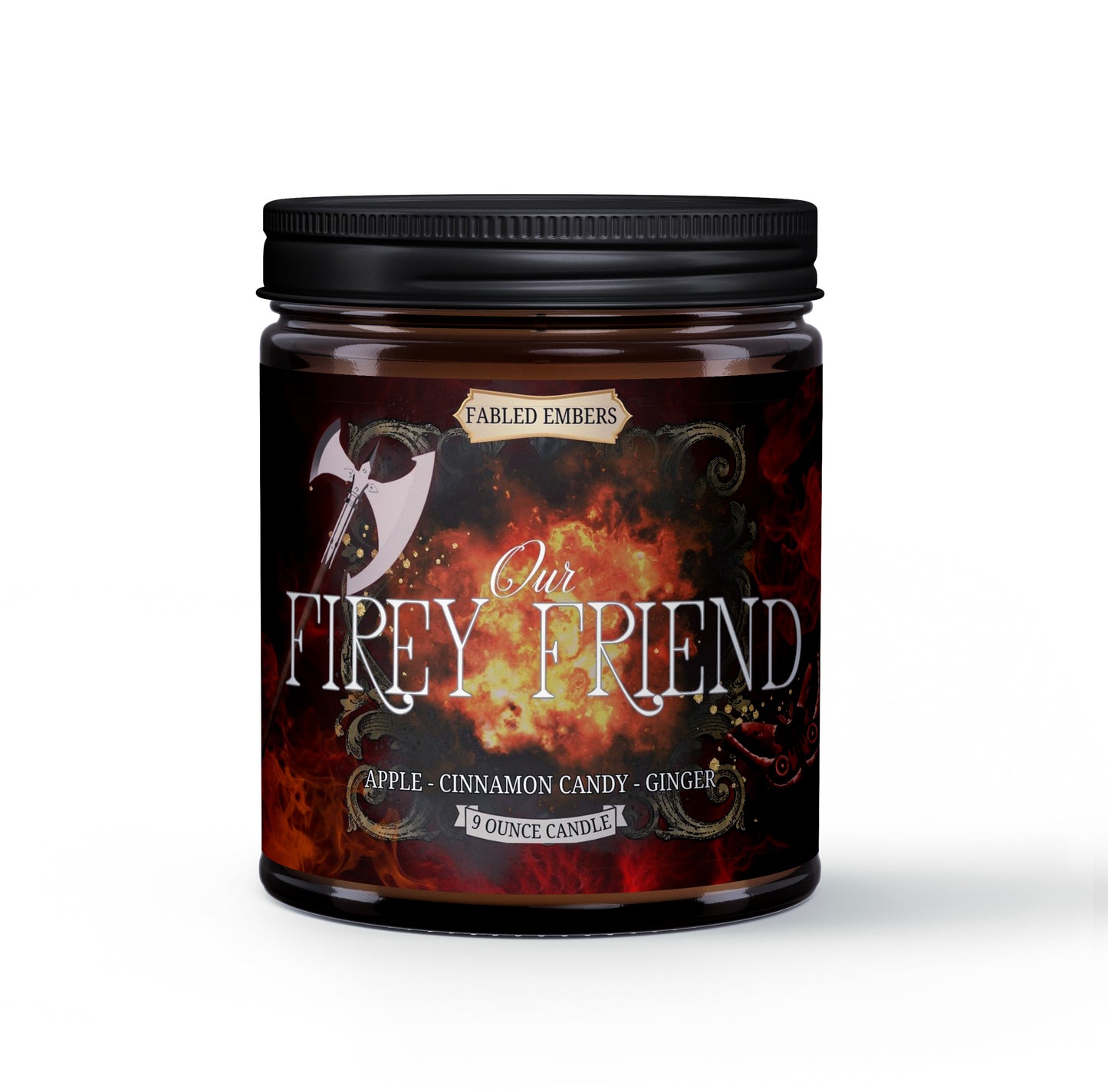 A jar candle with a label featuring a illustration of a character and text that reads 'OUR FIERY FRIEND apples + ginger + cinnamon'.