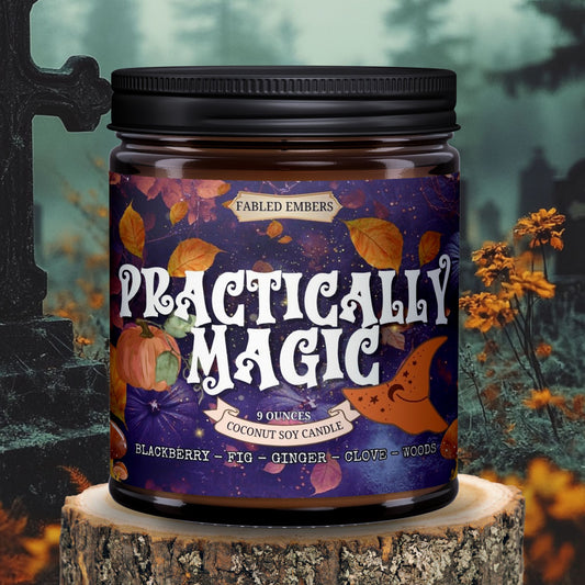 Candle jar labeled 'Practically Magic' with a Halloween-themed design on a wooden stump against a forest background.