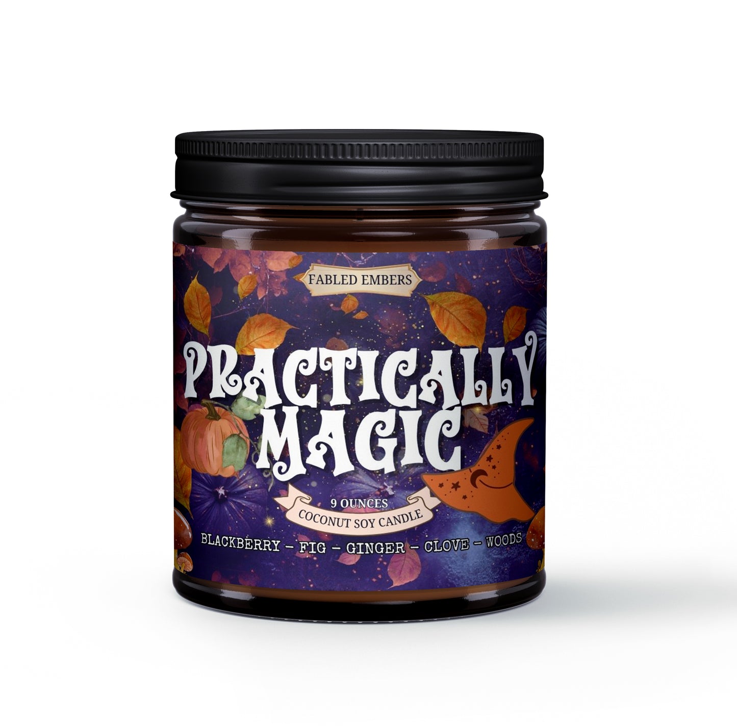 Candle jar with 'Practically Magic' label on a white background