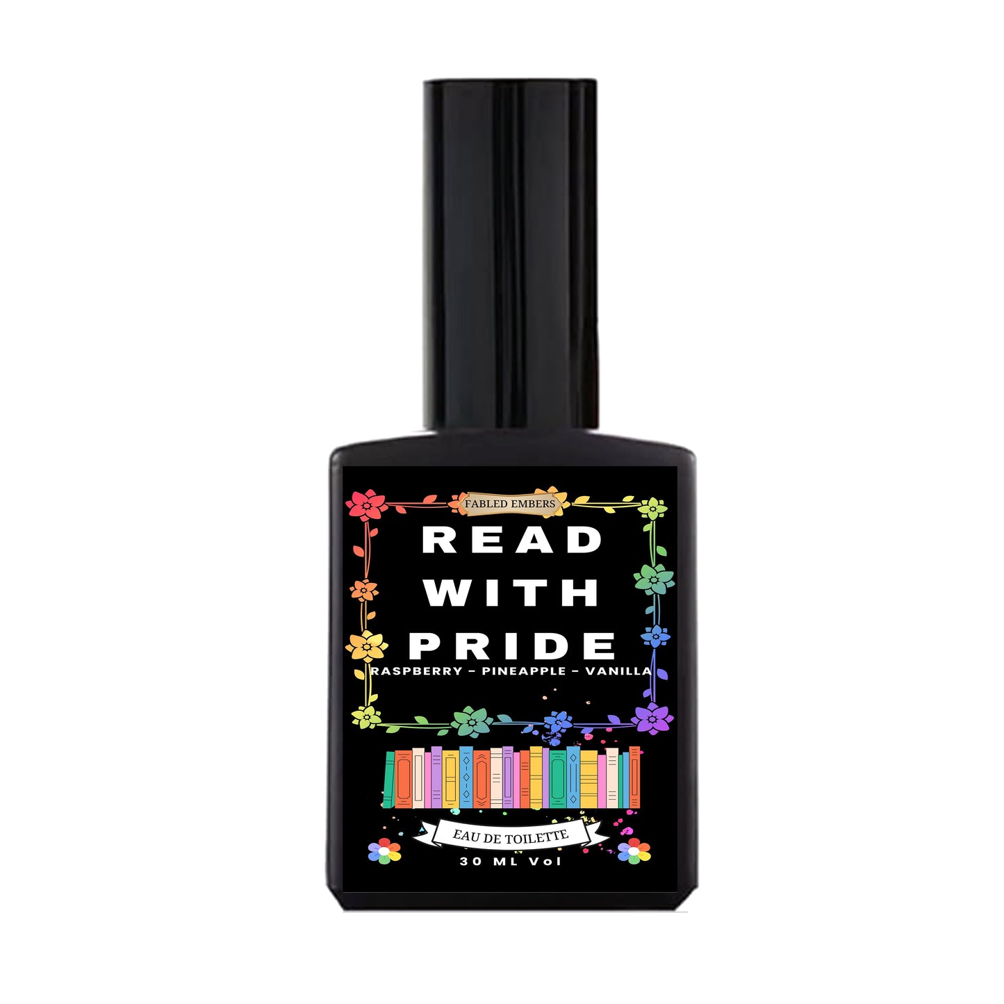"Read With Pride" EDT in a chic black bottle, adorned with a colorful rainbow flower border and rainbow books. A perfect fragrance gift for LGBTQ+ individuals and allies celebrating queer identity. Scented with a blend of raspberry, pineapple, and vanilla.