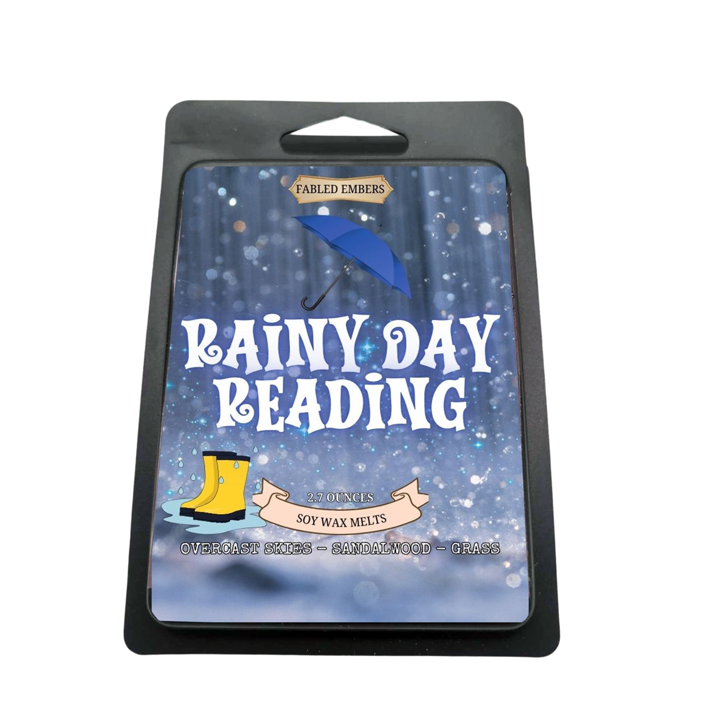 Our "Rainy Day Reading" soy wax melts perfectly captures the essence of a quiet afternoon. The charming label features sparkling rain, a blue umbrella, and yellow rain boots, inviting you to curl up with a good book. Scented with overcast skies, sandalwood, and grass.