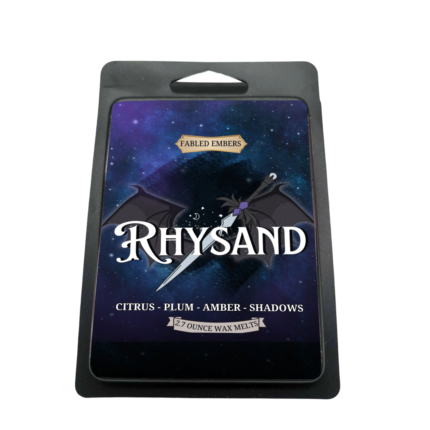 RHYSAND 2.7 ounce wax melt in a matte black clamshell, soy wax, High Lord of the Night Court smells like plum citrus and amber. ACOTAR