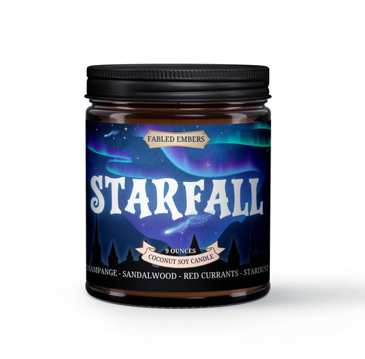 Candle jar labeled 'Starfall' by Fabled Embers on a white background