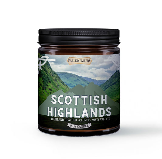 SCOTTISH HIGHLANDS - outlander inspired, smells like clover and highland heather. 9oz coconut soy wax candle in an amber glass jar for book lovers.