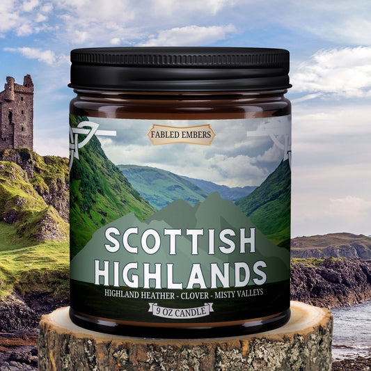 SCOTTISH HIGHLANDS - outlander inspired, smells like clover and highland heather. 9oz coconut soy wax candle in an amber glass jar for book lovers.
