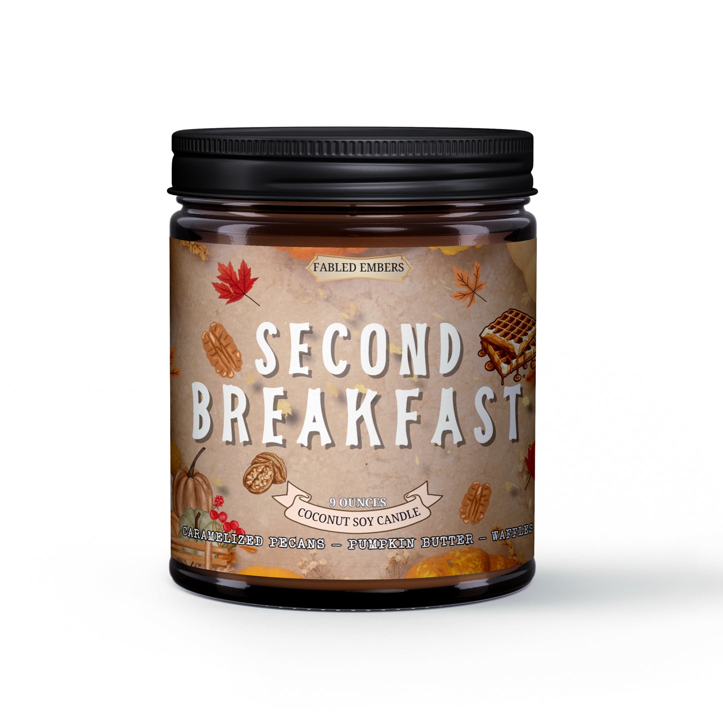 Candle jar labeled 'Second Breakfast' with autumn-themed design on a white background