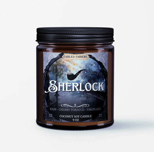 Sherlock Detective 221B Candle smells like London Fog, Rain, Fireplace Embers, and Charred Cherry