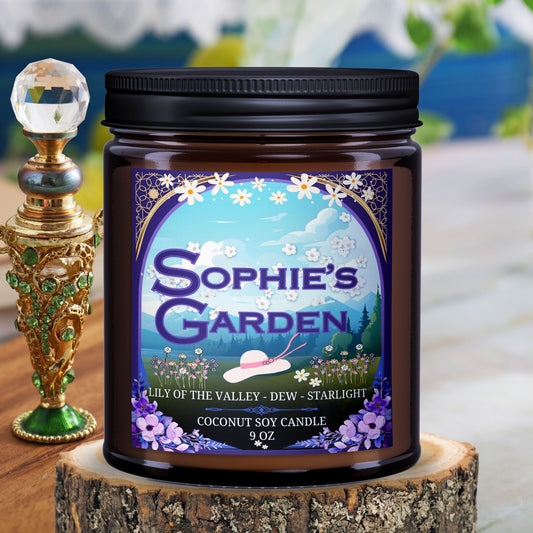 Sophie's Garden smells like morning dew lily of the valley and starlight, 9 ounce glass jar coconut soy wax candle