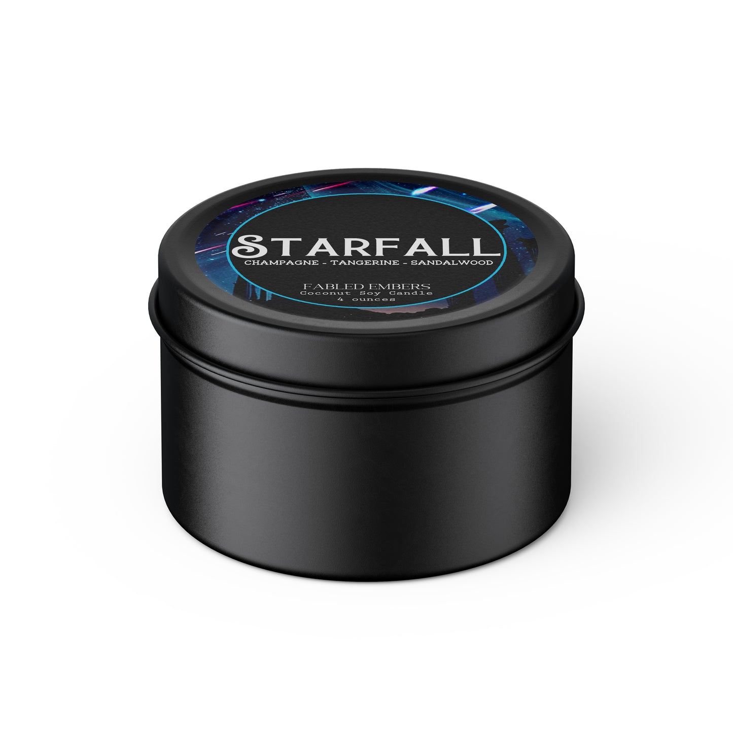 Starfall Ball 4 ounce coconut soy candle smells like champagne, moondust, tangerine, and sandalwood