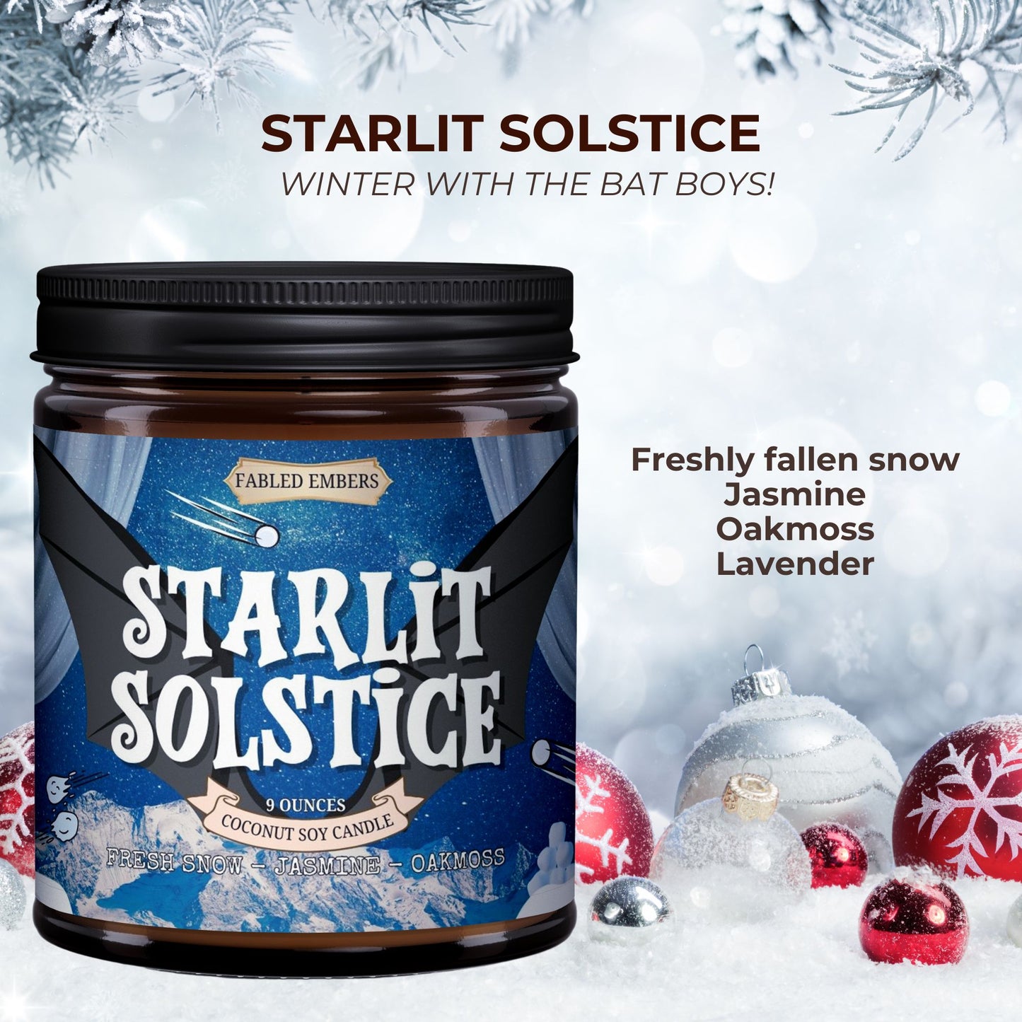 Starlit Solstice candle jar with winter-themed decorations and text on a snowy background