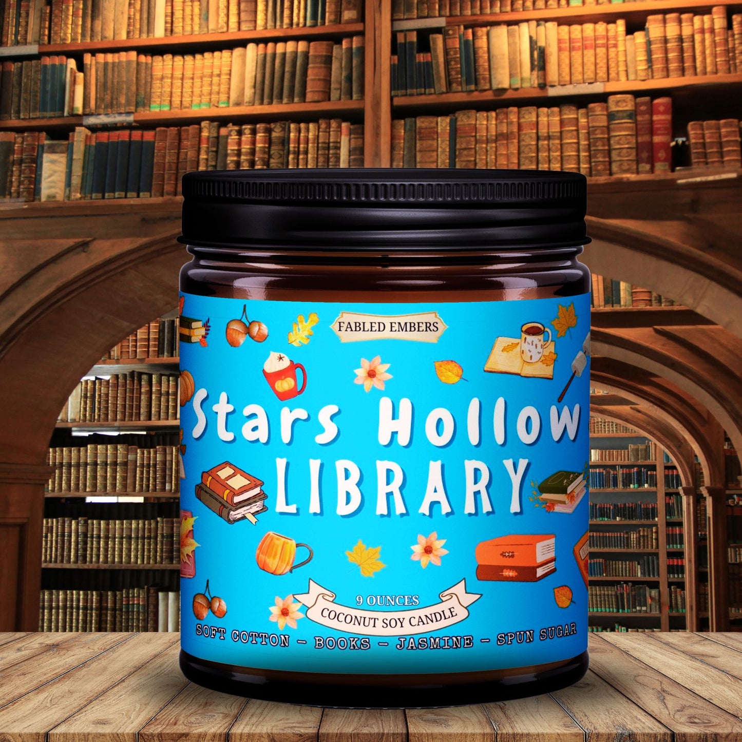 Candle jar labeled 'Stars Hollow Library' in a library setting