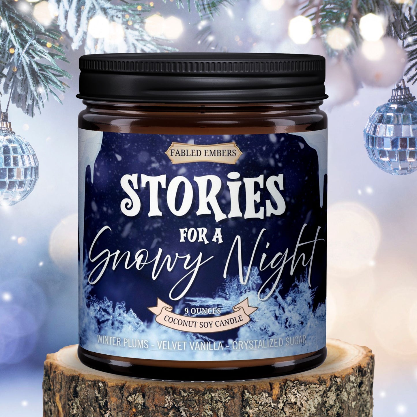 Candle jar labeled 'Stories for a Snowy Night' on a wooden stump with festive background