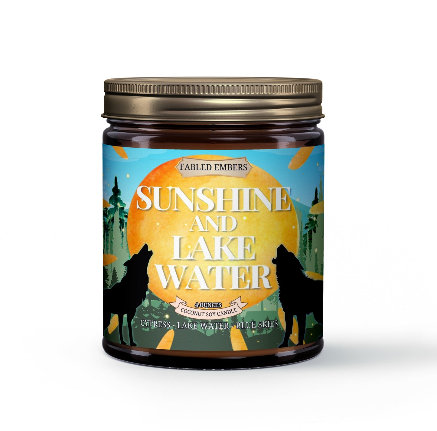 "Sunshine and Lake Water" coconut soy candle. Its vibrant label features howling wolves silhouetted against a setting sun, with a whimsical forest and bright blue skies.