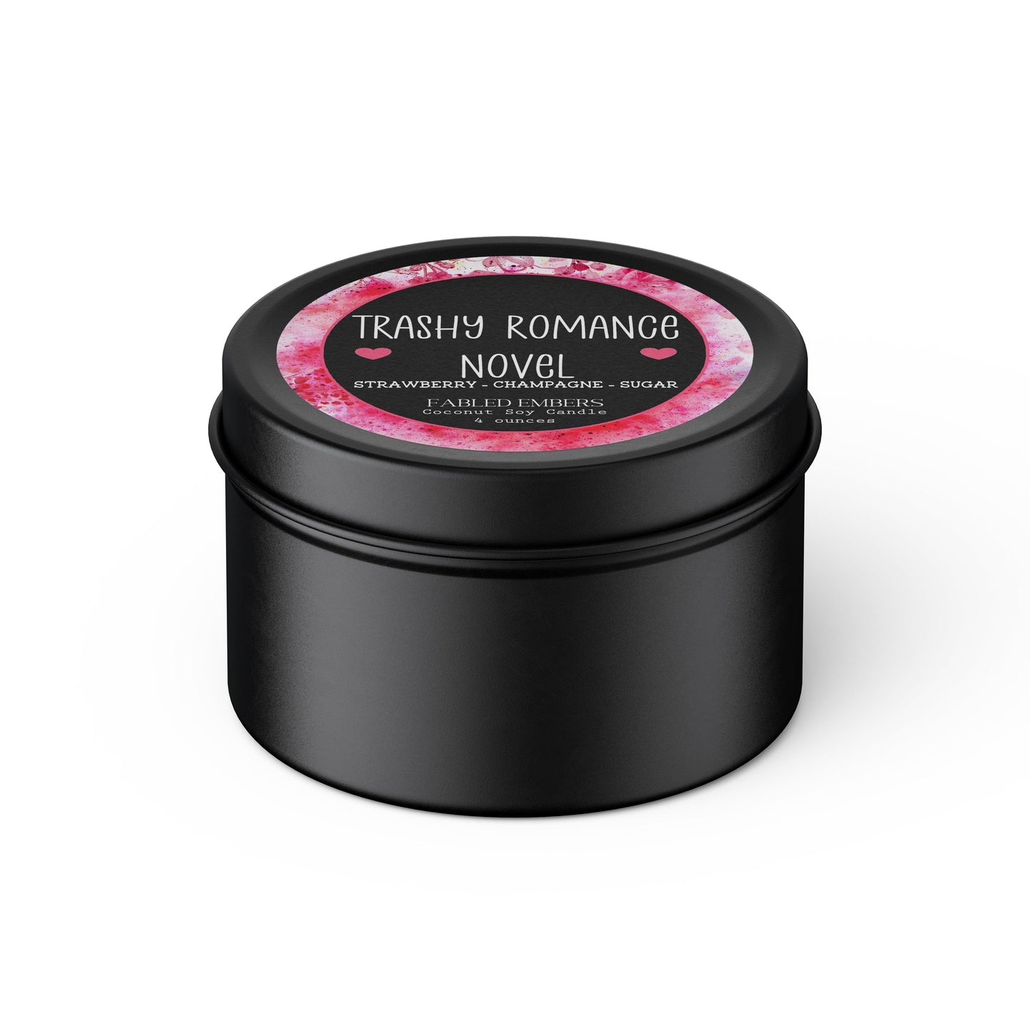 Trashy Romance Candle for Romance Readers smells like strawberry shortcake champagne and sugar sprinkles coconut soy candle 4 ounce tin