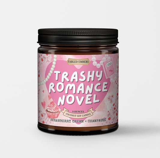 Trashy Romance Candle for Romance Readers smells like strawberry shortcake champagne and sugar sprinkles coconut soy candle 9 ounce jar