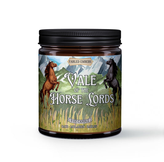 VALE OF THE HORSELORDS - Rohan Candle for fans of Middle-Earth, 9oz coconut soy wax candle in amber glass jar, smells like sweet feed