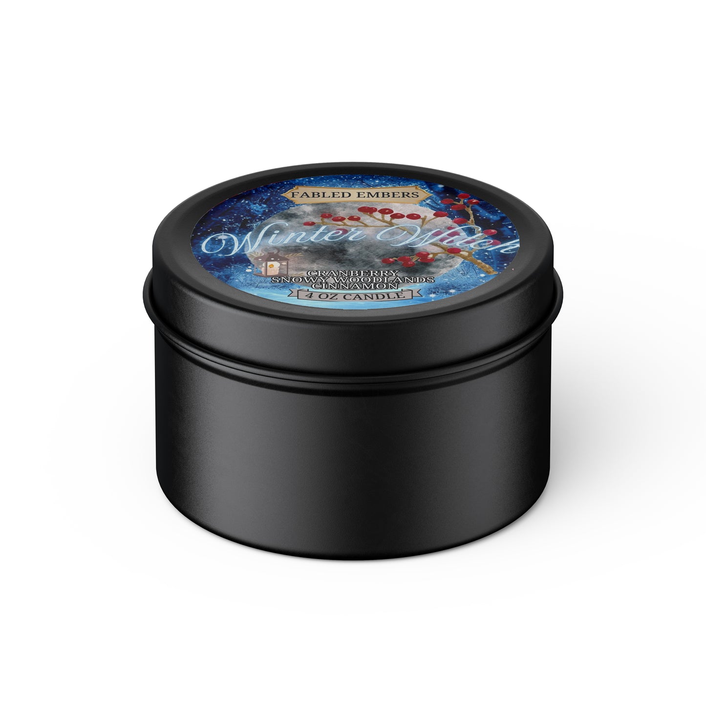 WINTER WITCH 4 ounce candle in black tin, travel size, by Fabled Embers Holiday Pagan Cranberry Woods scented for booklovers gift Christmas