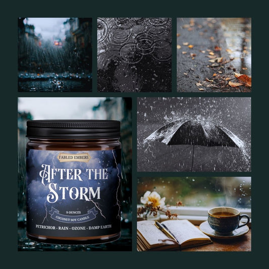 Collage of rain-themed images with a candle labeled 'After the Storm' in the center.
