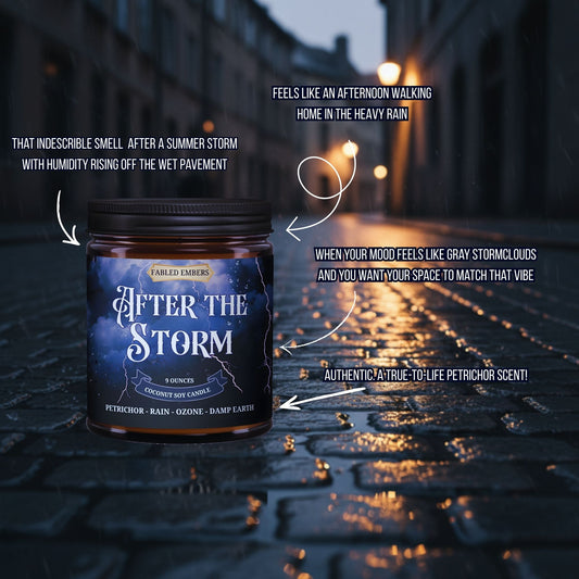 Jar of 'After the Storm' candle on a wet street with atmospheric text.