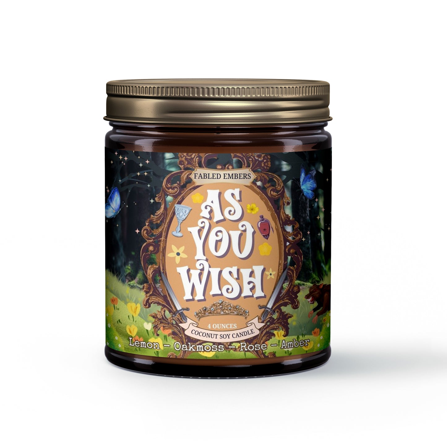 "As You Wish" coconut soy candle is simply inconceivable! The enchanting label, featuring an ornate frame with swords, goblets, and those iconic blue butterflies, captures the magic of your favorite nostalgic fairy tale. Scented with lemon, oakmoss, rose, and amber, it's perfect for reliving epic adventures (or just enjoying a cozy read).