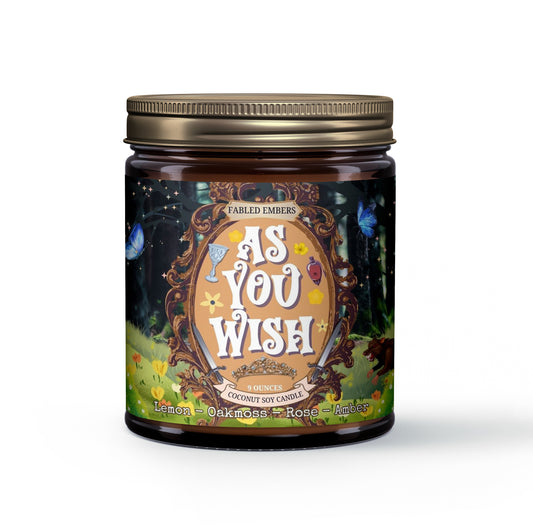 "As You Wish" coconut soy candle is simply inconceivable! The enchanting label, featuring an ornate frame with swords, goblets, and those iconic blue butterflies, captures the magic of your favorite nostalgic fairy tale. Scented with lemon, oakmoss, rose, and amber, it's perfect for reliving epic adventures (or just enjoying a cozy read).