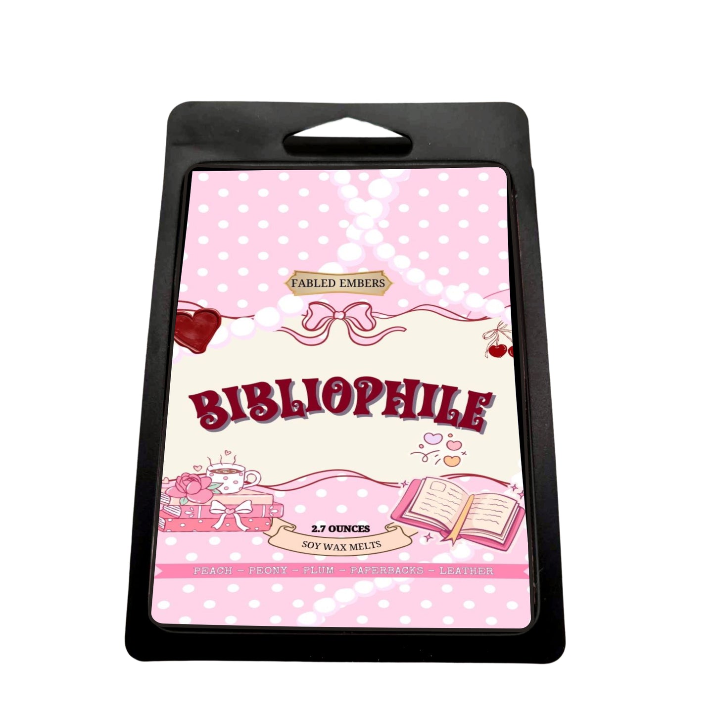 Packaging of Fabled Embers Bibliophile wax melts with pink label and black border.