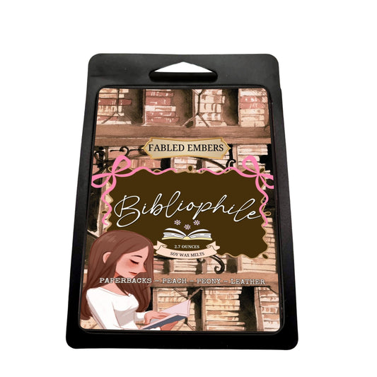 Packaging of Bibliophile hot wax melts with a woman reading a book and brick wall background.