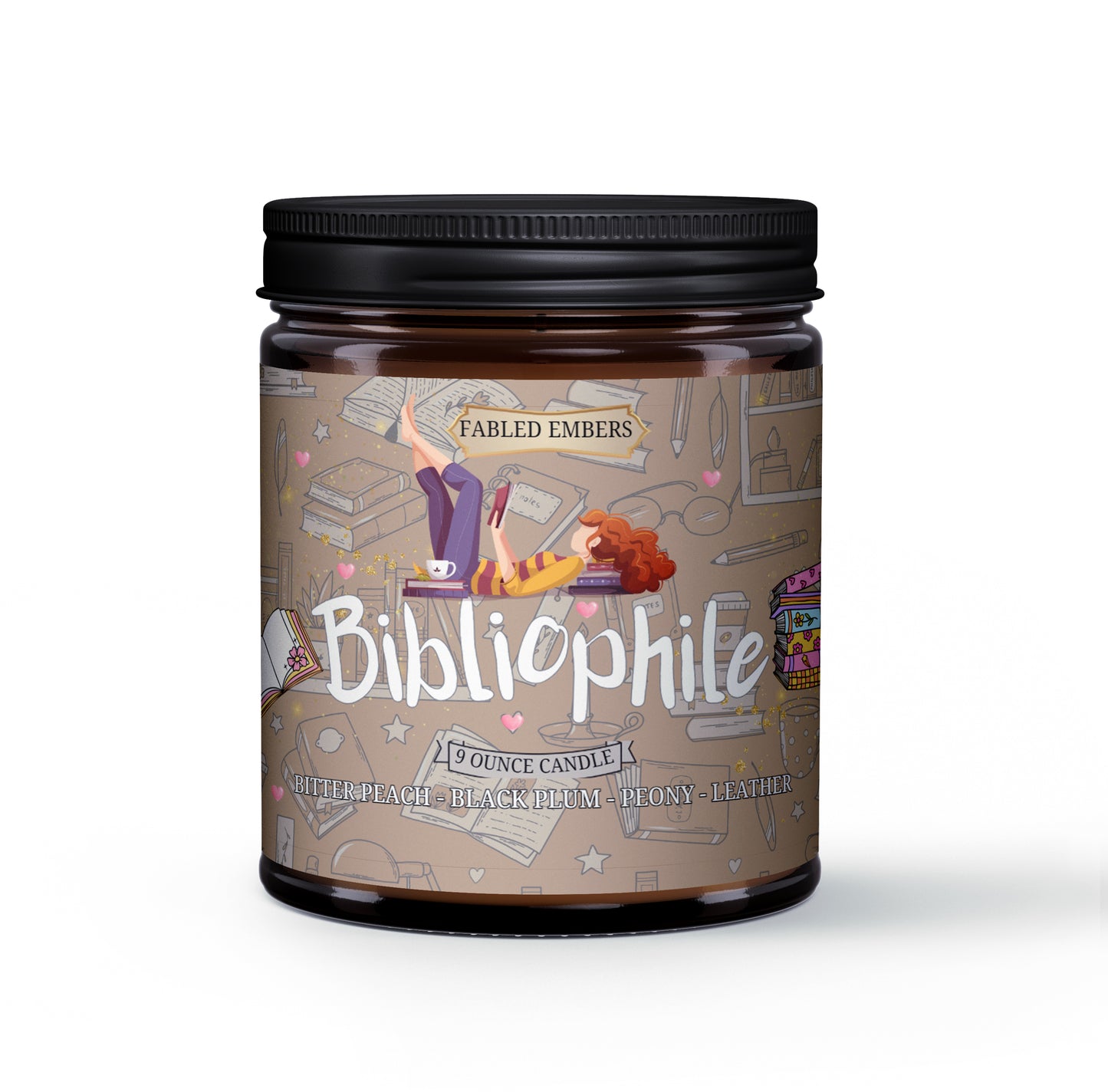 This image features a 9-ounce book-themed candle named "Bibliophile" by Fabled Embers, housed in a sleek, amber glass jar with a black screw-on lid. The label is beautifully designed with a cozy, whimsical bookish aesthetic.
The background of the label is a warm beige, adorned with illustrated doodles of open books, quills, ink bottles, coffee cups, and other stationery, giving it a literary and creative feel. At the center, an illustrated red-haired character lounges on a stack of books