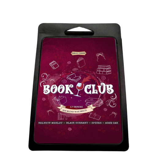 Book Club themed product packaging with maroon background and white text