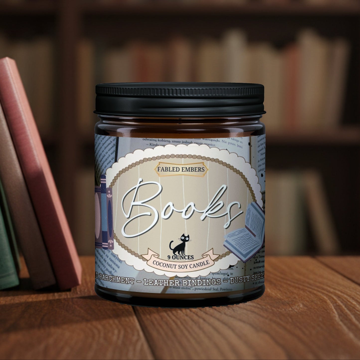 Candle jar labeled 'Books' on a wooden surface with books in the background