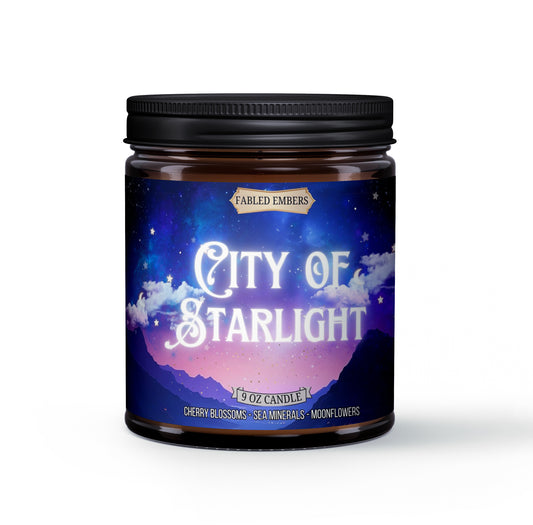 Velaris the City of Starlight ACOTAR 9 ounce coconut soy candle, smells like moonflowers, cherry blossoms, and sea mist