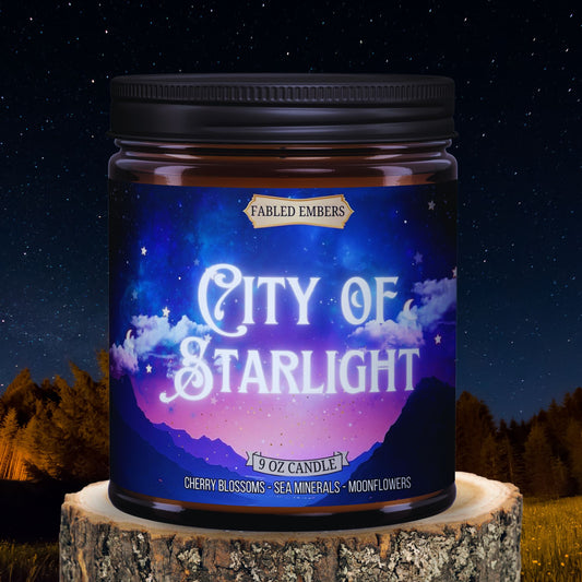 Velaris the City of Starlight ACOTAR 9 ounce coconut soy candle, smells like moonflowers, cherry blossoms, and sea mist