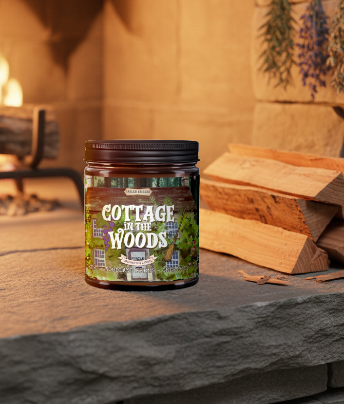 Candle jar labeled 'Cottage in the Woods' on a stone surface with wooden logs in the background.