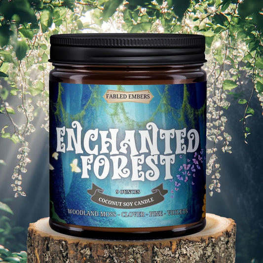 Candle jar labeled 'Enchanted Forest' by Fabled Embers on a natural background
