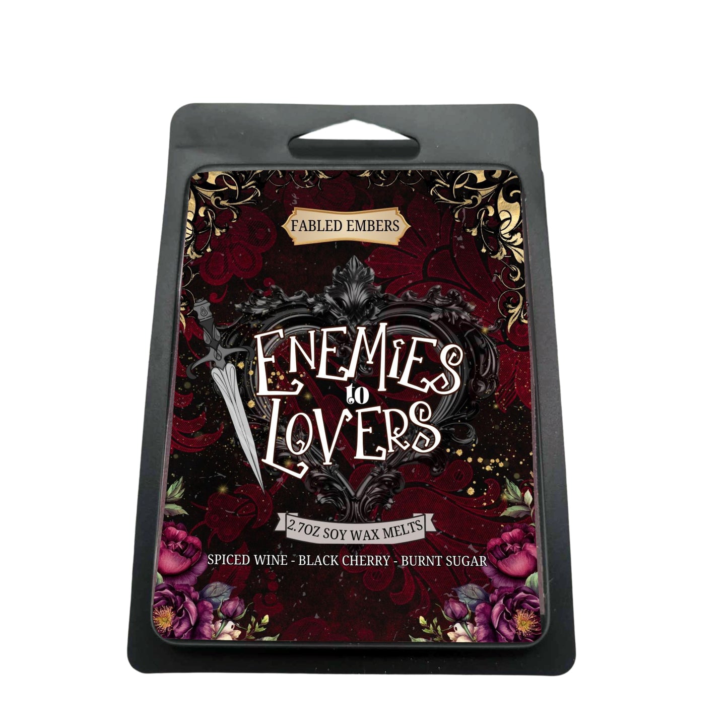 ENEMIES TO LOVERS trope literary wax melts for book lovers, smells like black cherries and chai spices in a black matte clamshell, soy wax