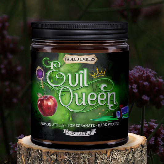 EVIL QUEEN Candle in amber glass jar with a story book cover type label, bookshelf decor, for readers and book lovers, smells like apples and cherry pomegranate