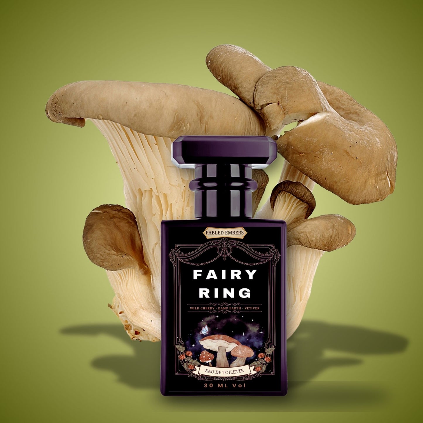 Fairy Ring perfume bottle with mushrooms on a green background