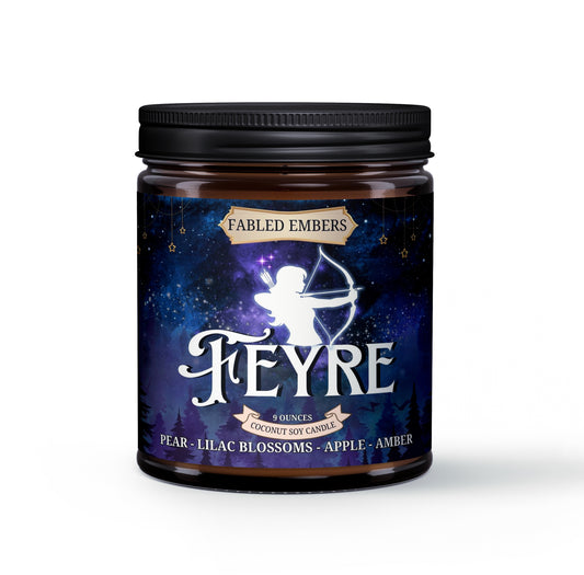 Candle jar with 'Feyre' branding and a silhouette of a archer on a dark background