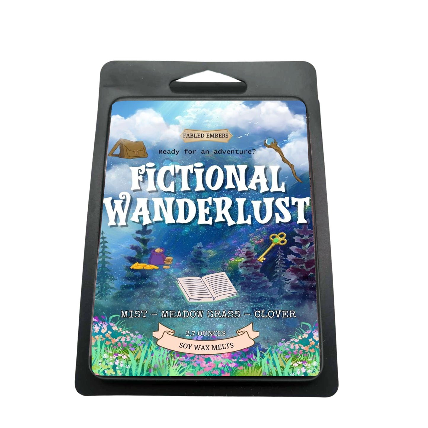 Embark on an epic quest with our "Fictional Wanderlust" soy wax melts! Its enchanting label features an open book, a mysterious key, and a character ready for adventure amidst a magical landscape. Perfect for RPG nights or diving into fantasy novels.