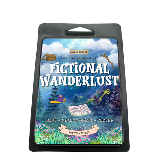 Packaging of 'Fictional Wanderlust' with a fantasy-themed design on a white background