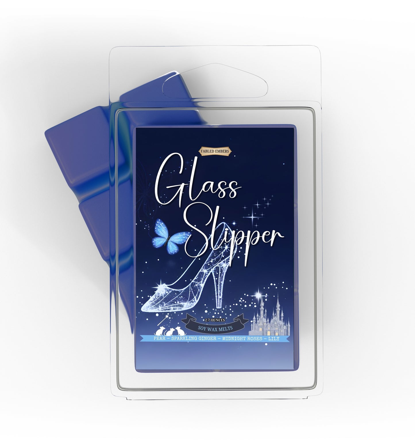 Glass Slipper wax melt packaging with blue and white design on a white background