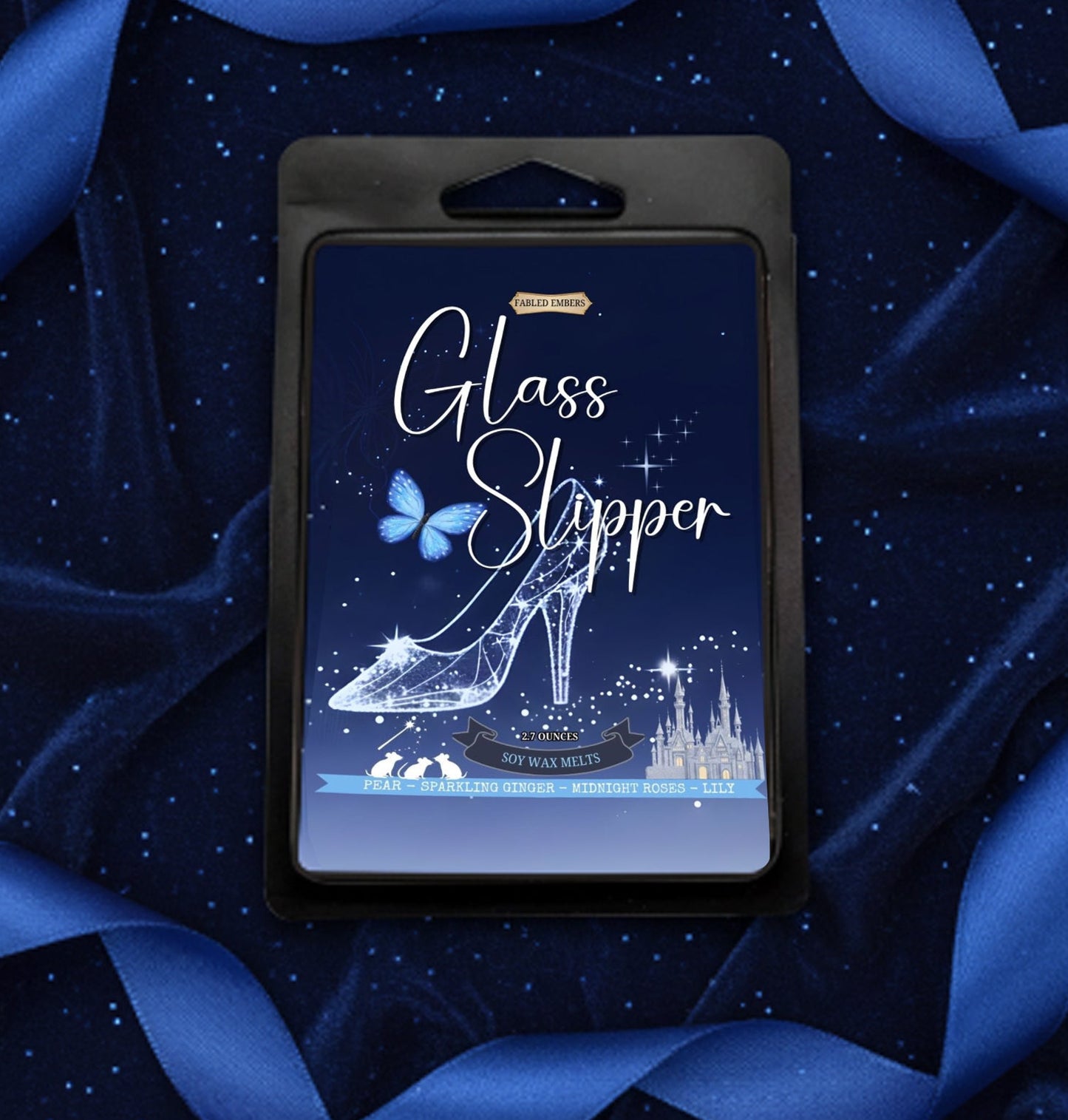 Product packaging with 'Glass Slipper' design on a dark blue background with ribbons.