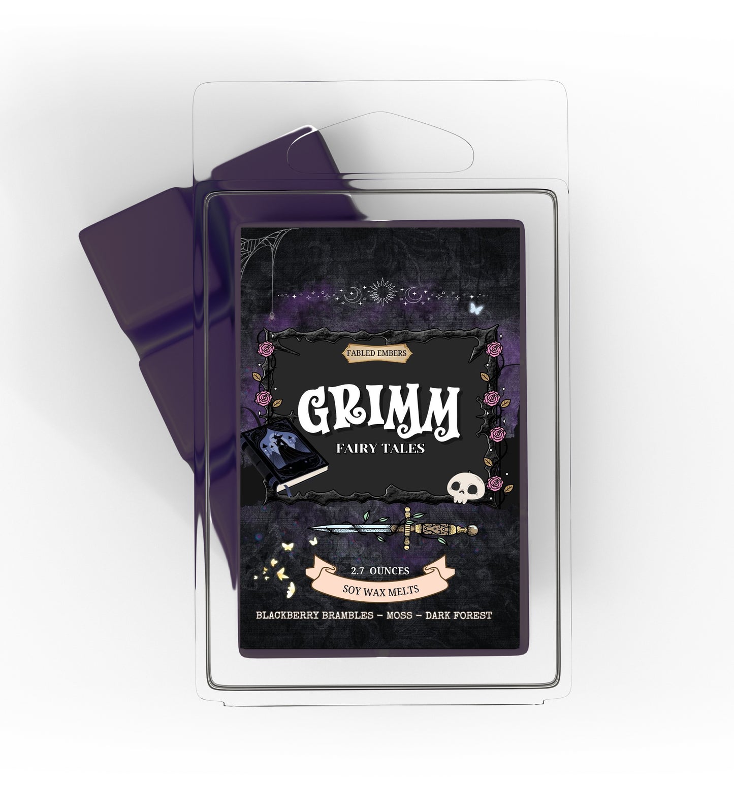 Packaged wax melts with 'Grimm Fairy Tales' branding on a white background