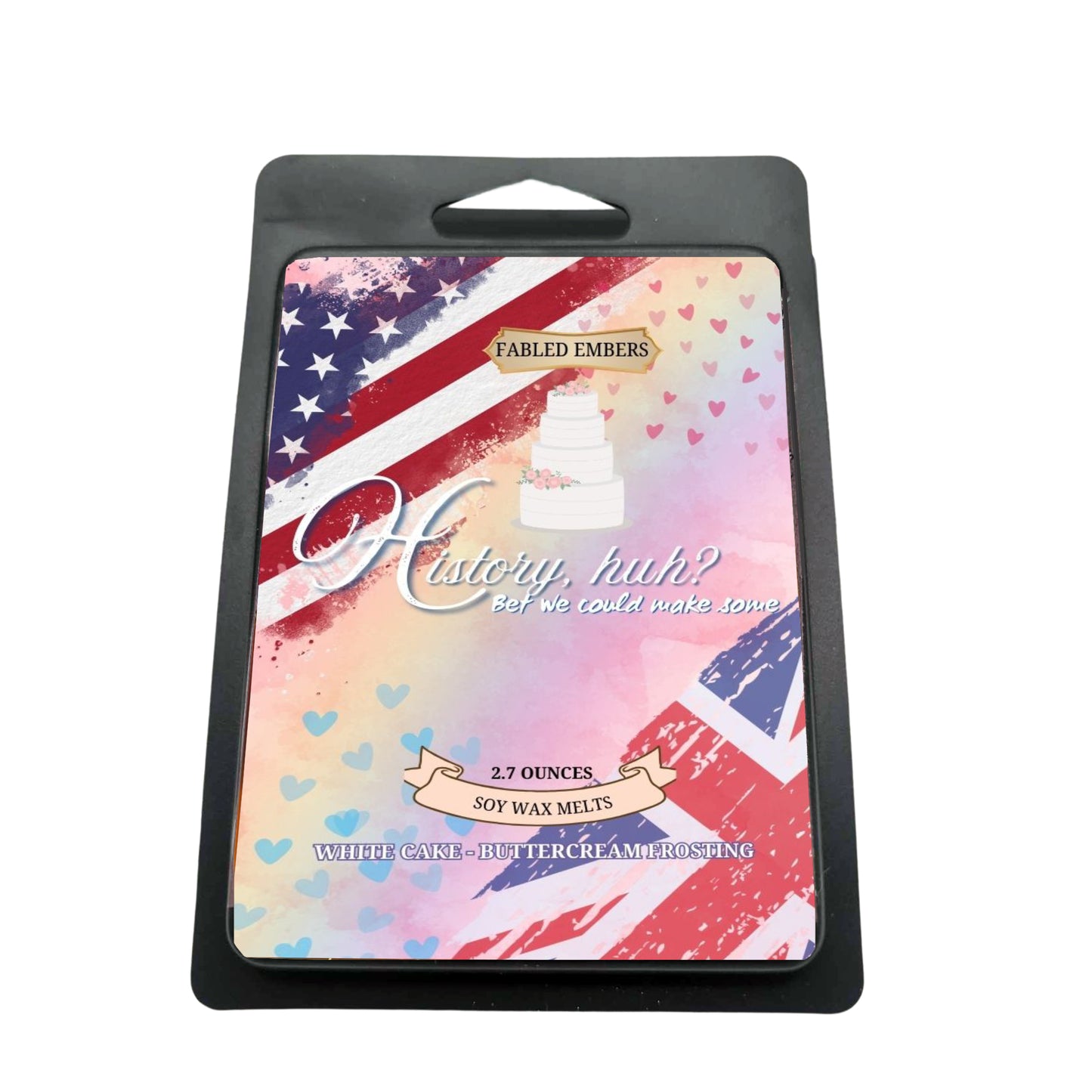Matte Black Clamshell soy wax melts with a distressed label featuring the US flag and Union Jack, a white tiered wedding cake, and the phrase "History, huh? Bet we could make some." The candle is scented with Wedding Cake, Buttercream, and Frosted Berries.