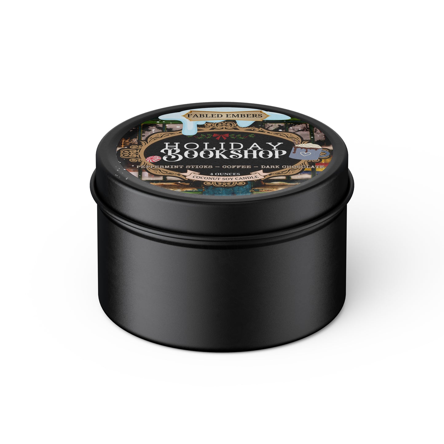 Black candle tin with decorative label on a white background